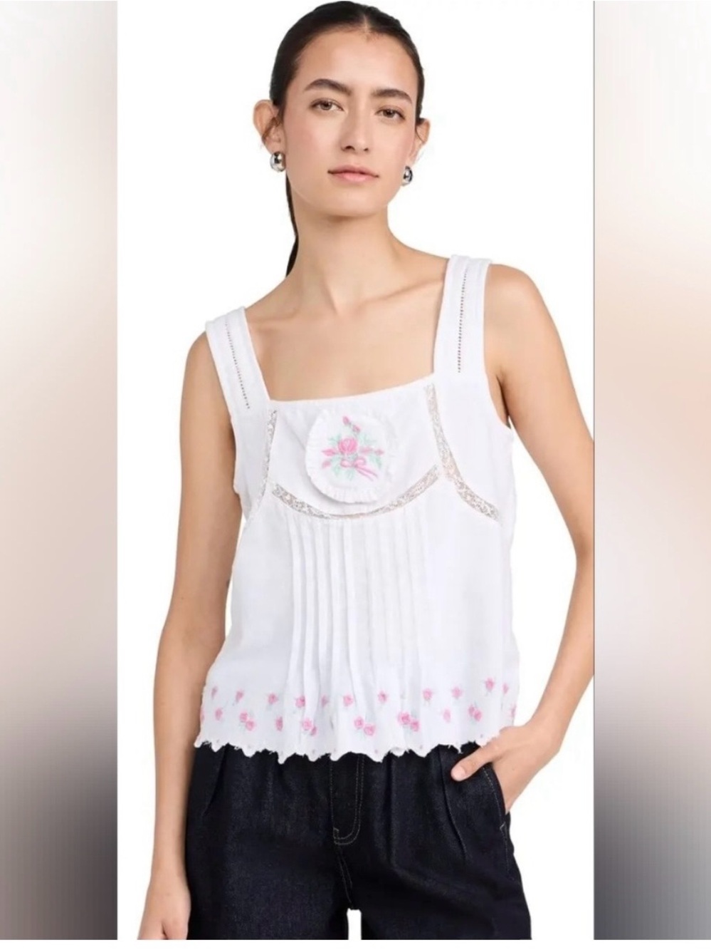 Damson Madder - Like New - White Floral Embroidered Square-Neck Tank Top